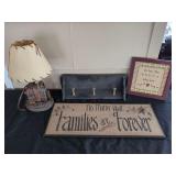 Rustic Country Decor Grouping Featuring Saddle Lamp, Wall Shelf, and Signs