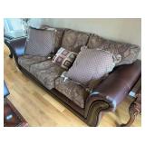 Brown Bonded Leather and Patterned Upholstered Sofa