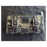 Coach Black and Beige Canvas and Leather Zip Around Wallet with Buckle Accents