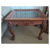 Carved Wood Coffee Table with Glass Insert Top