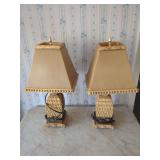 Pair of Gilt Table Lamps with Matching Square Shades
