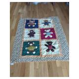 Quilted Fabric Blanket with Applique Teddy Bear Motifs
