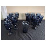 Cobalt Blue Glassware Set with Hexagonal Pedestal Stems and Tumbler