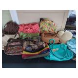Assorted Handbags, Straw Hat, and Plaid Scarf