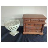 Wooden Jewelry Armoire and Decorative Pedestal Bowl