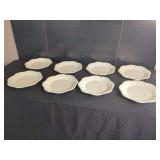 Set of Eight Longaberger Pottery Dinner Plates with Embossed Leaf Motif