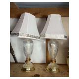 Pair of Cut Glass Table Lamps with Gold-Tone Bases and Greek Key Shades