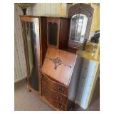 Combination Secretary Desk and Curio Cabinet with Curved Glass Door and Integrated Mirror