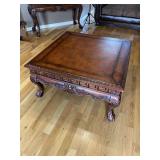 Carved Wood Coffee Table with Leather Inset Top
