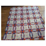 Double Wedding Ring Quilt in Multicolor Cotton with Scalloped Edges