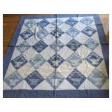 Blue and White Hand Quilted Fabric Quilt with Basket Motif