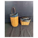 Two Longaberger Woven Wood Baskets with Fabric Liners and Leather Accents