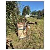 Barrel Sprayer with Blue Metal Frame and Dual Spray Wands