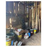 Assorted Barn Tools, Automotive Fluids, and Hardware Supplies