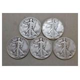 Five 1940’s Silver Walking Liberty Half Dollars,