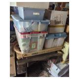 Treadle Sewing Machine with Storage Bins, Fabric, Yarn, and Gibbs Quilting Frame