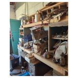 Shop Work Bench With Metal Shelving And Assorted Hand Tools