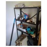 Metal Storage Shelving Unit with Assorted Hardware, Plumbing Supplies, and Tools