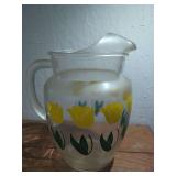 Frosted Glass Pitcher with Painted Yellow Tulip and Green Leaf Motifs