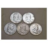 5 Franklin Silver Half Dollars,
