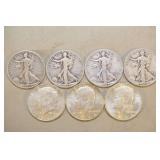 Four 90% Silver Walking Liberty Halves & Three 90% Silver 1964 Kennedy Half Dollars,