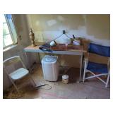 Room Contents Including Rockport Work Table, Portable Washing Machine, Sharp Microwave, and Assorted Furniture