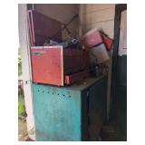 Metal Storage Cabinet with Red Tool Chest and Assorted Workshop Contents