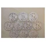 Ten 90% Silver Walking Liberty Half Dollars,