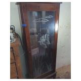 Wooden Gun Cabinet with Etched Glass Door Depicting Ducks and Cattails