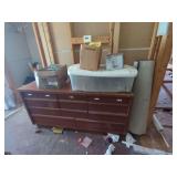Wooden Dresser with Multiple Drawers and Assorted Storage Containers