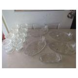 Clear Pressed Glass Tableware Including Snack Sets, Footed Tumblers, and Relish Tray