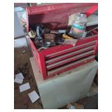 Red Metal Chest and Contents with Grey Metal Cabinet