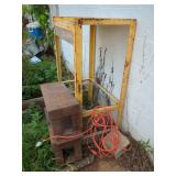 Industrial Steel Frame Table Base with Stacked Steel Risers and Extension Cord