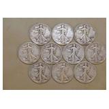 Ten Walking Liberty 90% Silver Half Dollars,