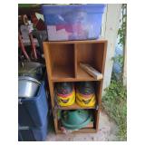Wooden Cubby Shelving Unit with Wet/Dry Vacuums and Storage Contents