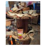 Wooden Cable Spool Workbench with Assorted Hardware, Tools, and Shop Supplies