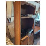 Oak Finish Bookcase with Lower Cabinet and Assorted Automotive Parts