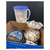 Mixed Assortment of Cookbooks, Sea Shells, and Metal Storage Tin
