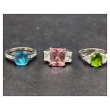 Three-Piece Colored Gemstone and Clear Stone Ring Set