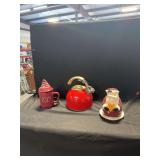 Rae Dunn Christmas Kitchenware Grouping with Mug, Kettle, and Santa Figure