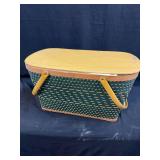 Woven Picnic Basket with Wooden Lid and Stamped Fabric Contents