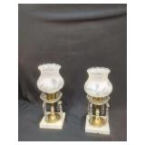 Pair of Frosted Glass Electric Lamps with Marble Bases and Crystal Prisms