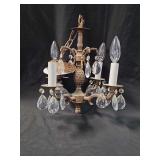 Vintage Brass Small Chandelier with Crystal Pendants