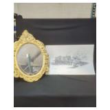 Jeanne Filler Scott Signed Print Old Somerset Depot and Ornate Oval Wall Mirror