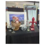 Mixed Home Decor and Tableware Grouping with Mirror, Artwork, and Glassware