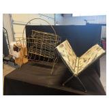 Two Metal Magazine Racks Including Brass Tone Wire Model and Botanical Print Fabric Model