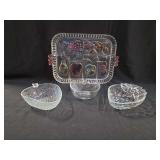 Pressed Glass Fruit Decorated Serving Tray and Three Bowls