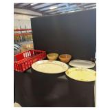 Assorted Ceramic Dinnerware and Red Plastic Crate