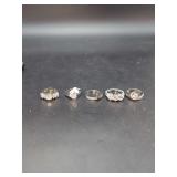Group of Five Silver Tone Crystal Rings