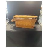 Woven Wood Picnic Basket with Dual Hinged Lids and Fabric Linens